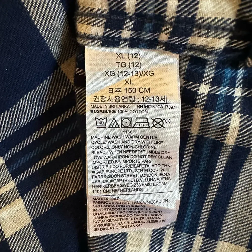 NWT Gap Blue Plaid Organic Cotton Flannel Button Down Boys XL 12